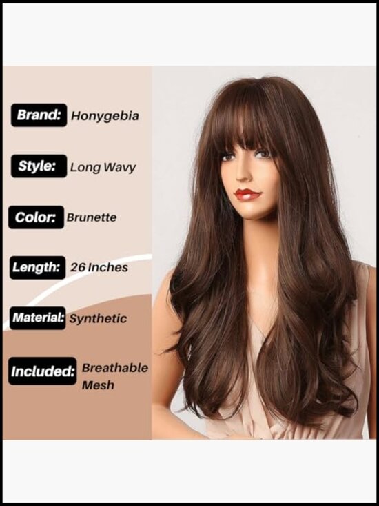 Natural Long Wavy Wig with Bangs Heat Resistant Synthetic Hair for Party Costume